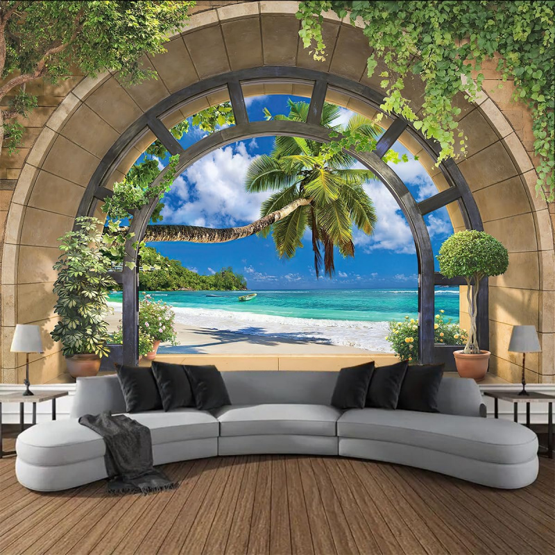 Interior Design Of House - VIKAMA Panoramic Arched Window Seascape Tapestry