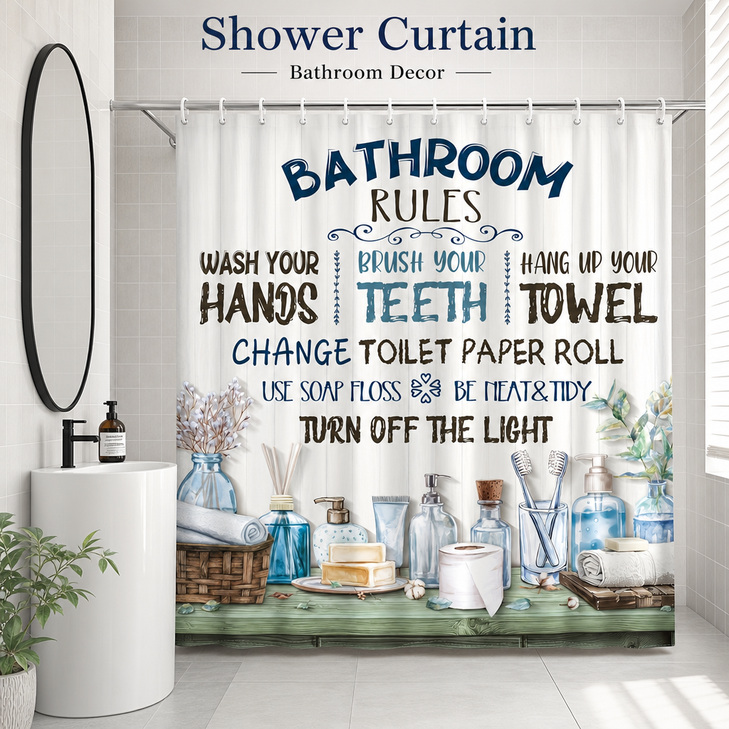 Interior Design Quotes - Bathroom Rules Shower Curtain Funny Inspirational
